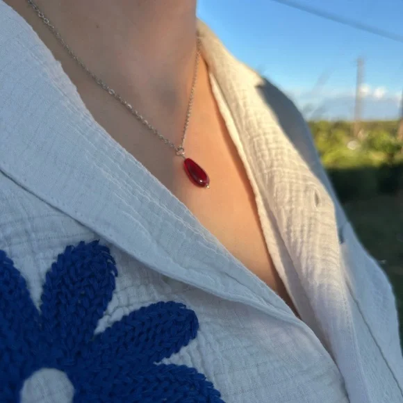 Red Teardrop Necklace with Silver Chain - Picture 3 of 5